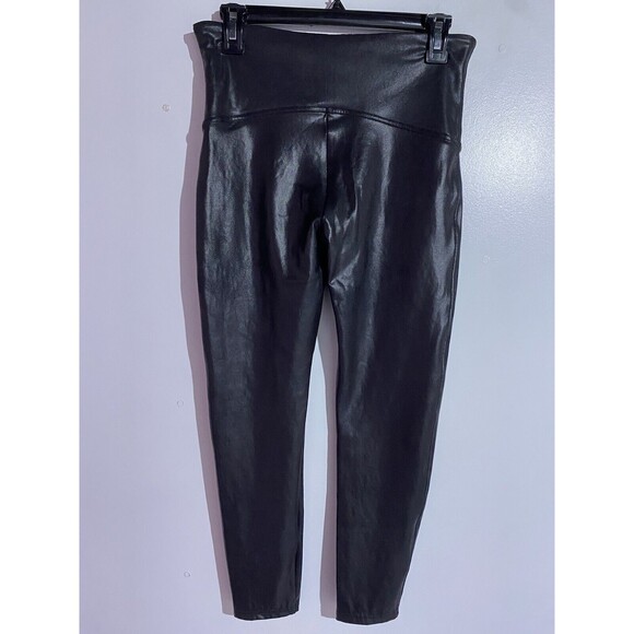 Spanx Leggings XL Black Faux Leather Slimming Tummy Control Compression Mobwife - Picture 2 of 10